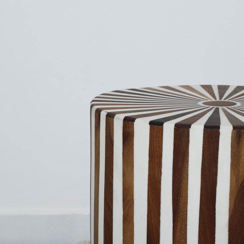Handmade Bone Inlay Side Table – Modern Striped Accent Piece | Moroccan Artisanal Home Décor