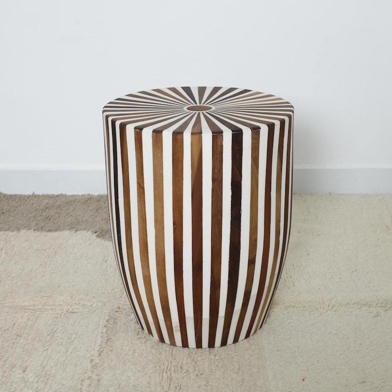 Handmade Bone Inlay Side Table – Modern Striped Accent Piece | Moroccan Artisanal Home Décor