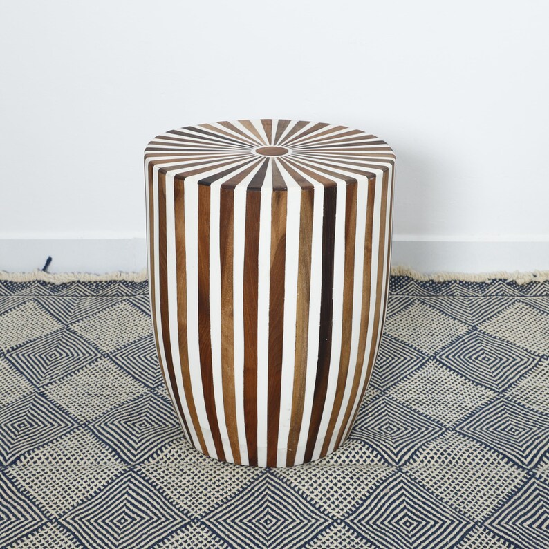 Handmade Bone Inlay Side Table – Modern Striped Accent Piece | Moroccan Artisanal Home Décor