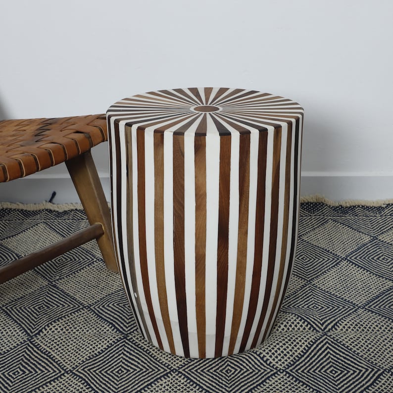 Handmade Bone Inlay Side Table – Modern Striped Accent Piece | Moroccan Artisanal Home Décor