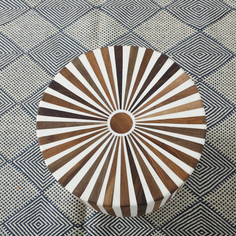 Handmade Bone Inlay Side Table – Modern Striped Accent Piece | Moroccan Artisanal Home Décor