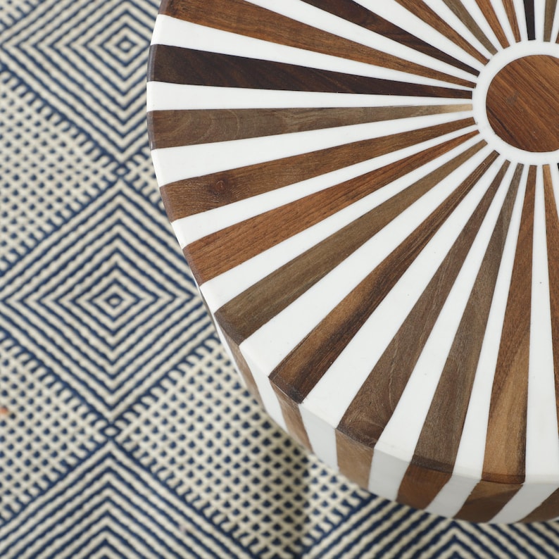 Handmade Bone Inlay Side Table – Modern Striped Accent Piece | Moroccan Artisanal Home Décor