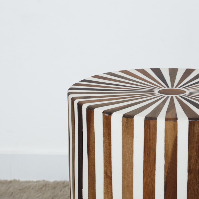Handmade Bone Inlay Side Table – Modern Striped Accent Piece | Moroccan Artisanal Home Décor