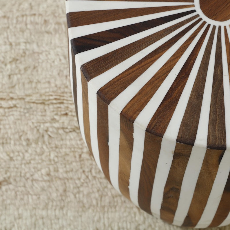 Handmade Bone Inlay Side Table – Modern Striped Accent Piece | Moroccan Artisanal Home Décor