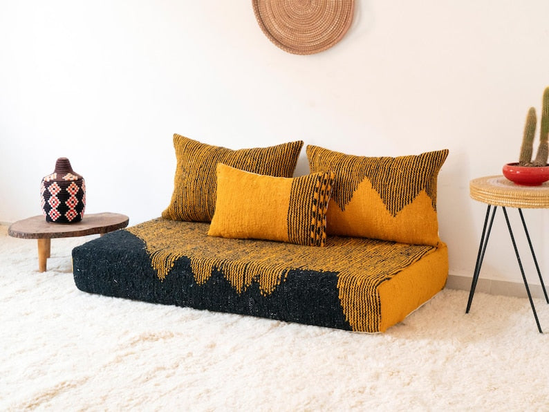 Handmade Moroccan Kilim Sofa Set – Traditional Floor Cushion with Decorative Pillows | Authentic Artisan Craftsmanship