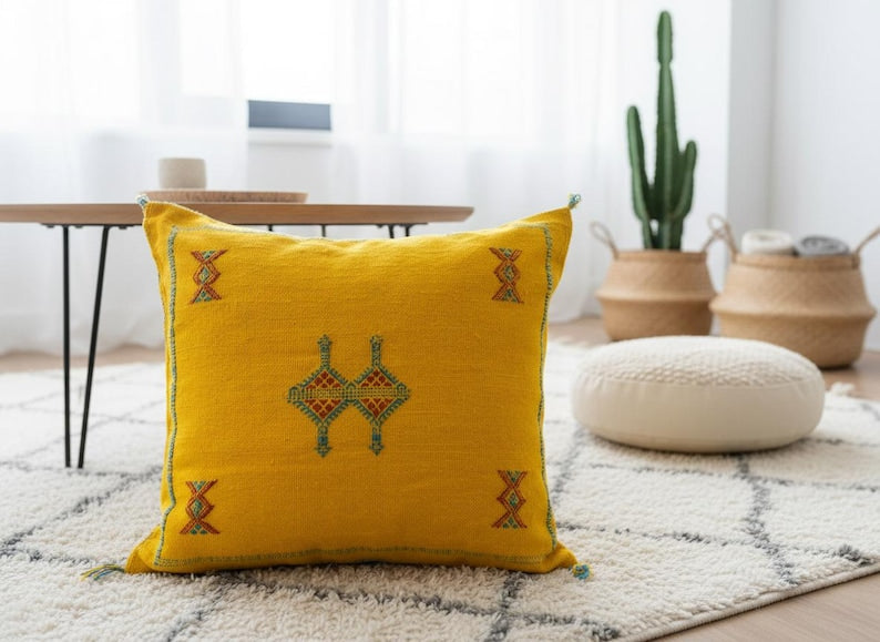 Handwoven Moroccan Pillow – Yellow Bohemian Cushion Cover | Artisan Home Décor in Natural Cotton