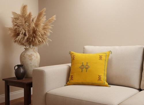 Handwoven Moroccan Pillow – Yellow Bohemian Cushion Cover | Artisan Home Décor in Natural Cotton
