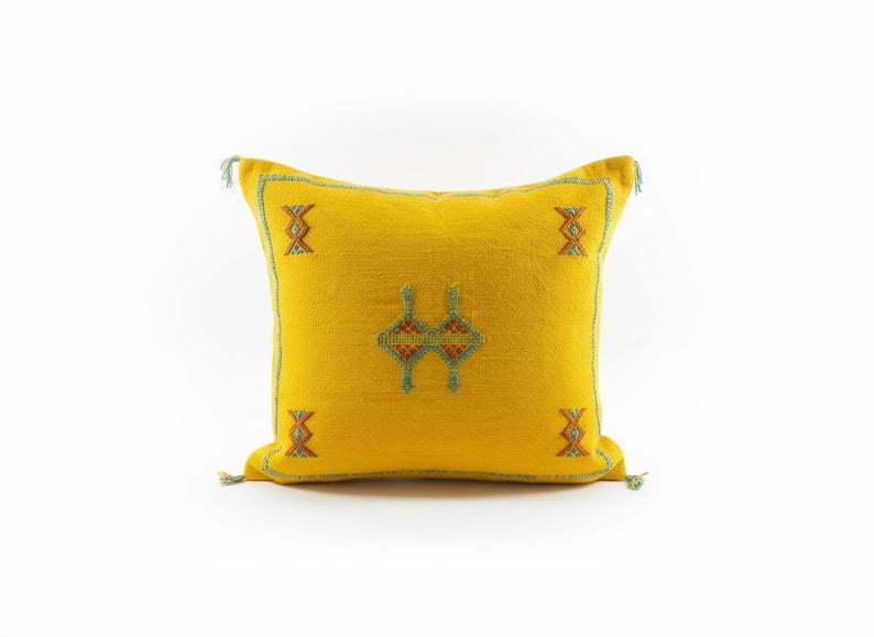 Handwoven Moroccan Pillow – Yellow Bohemian Cushion Cover | Artisan Home Décor in Natural Cotton
