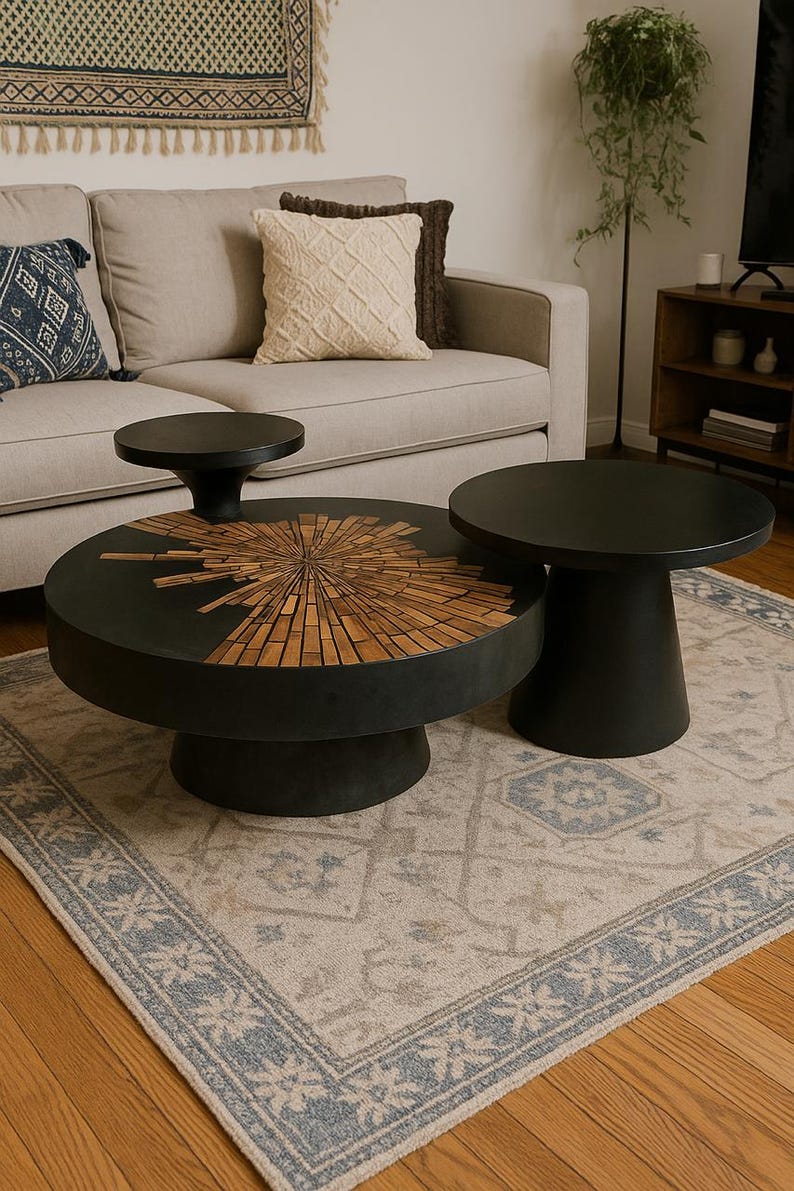 Handmade Walnut Resin Coffee Table Set – Modern Moroccan Home Décor | Luxury Artisan Design