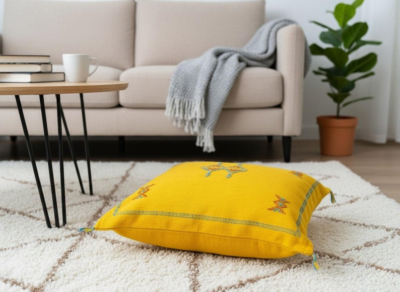 Handwoven Moroccan Pillow – Yellow Bohemian Cushion Cover | Artisan Home Décor in Natural Cotton
